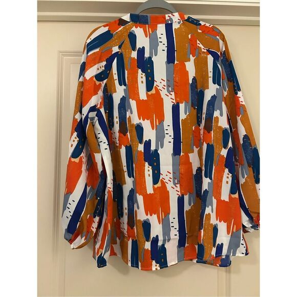 NEW~ Long Sleeve V Neck Loose Chiffon Abstract Blouse S - Picture 5 of 6